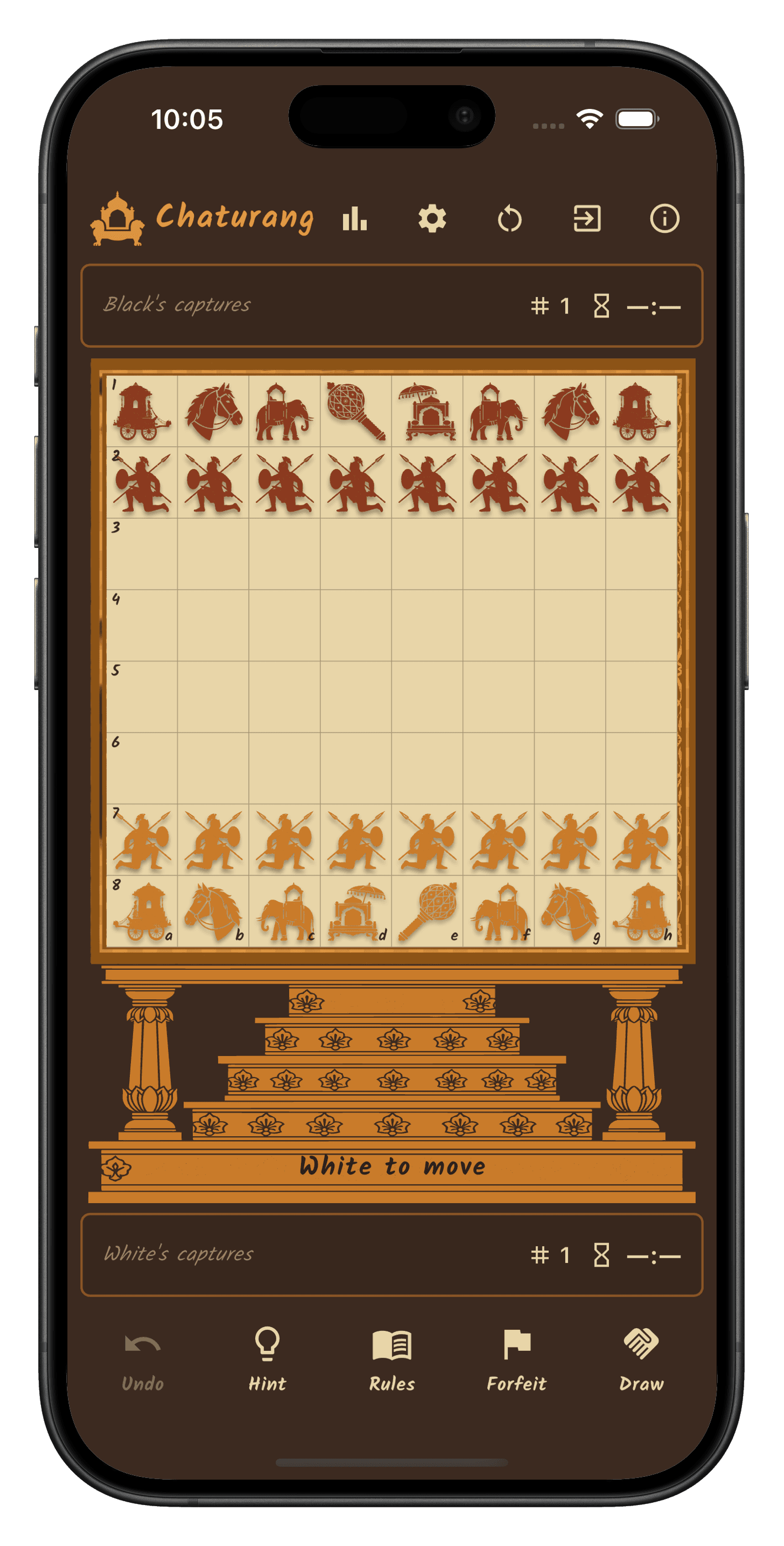 Chaturang mid-game board with ornate piece silhouettes