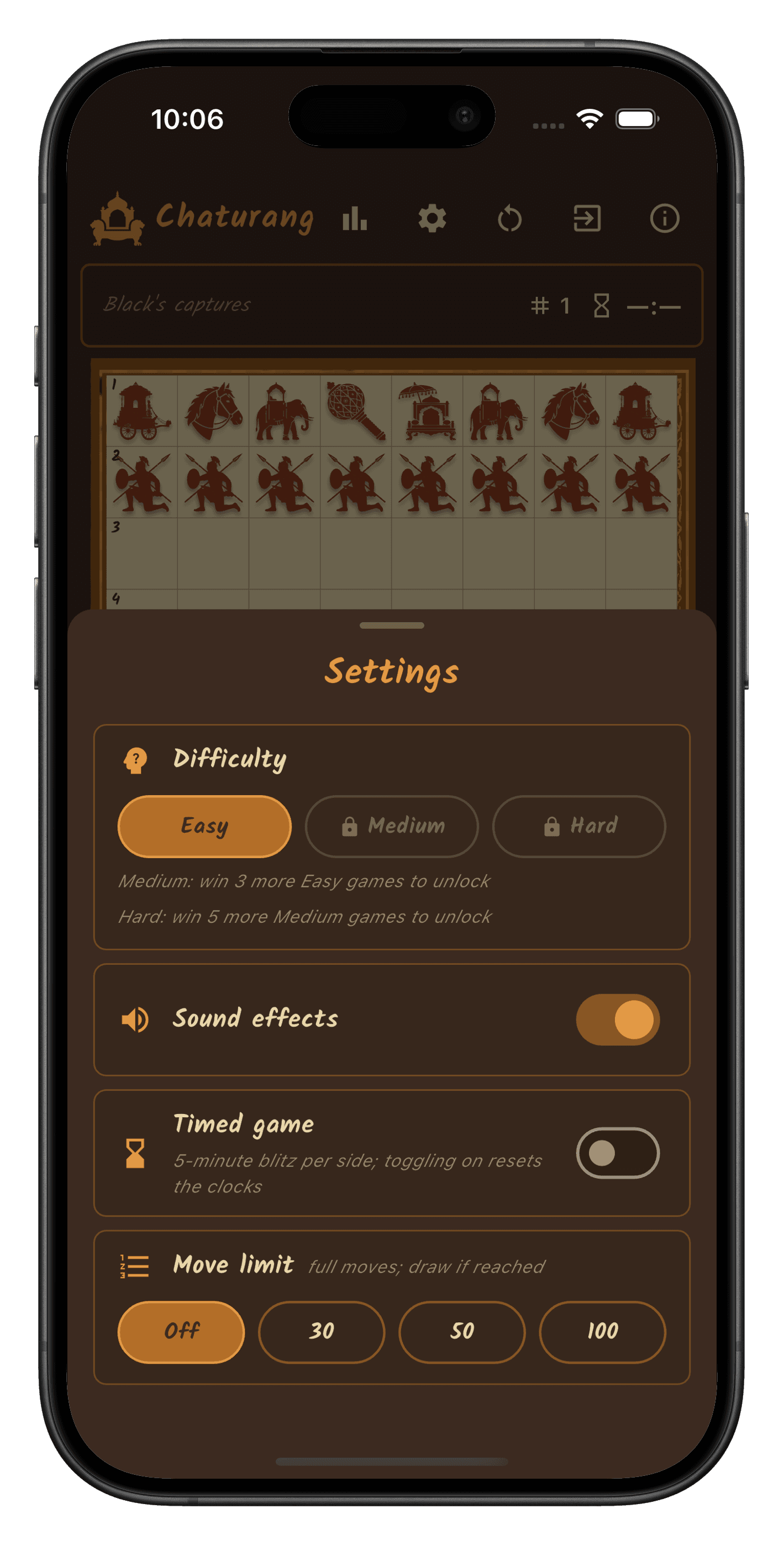 Chaturang settings — difficulty tiers, timed game, move limit