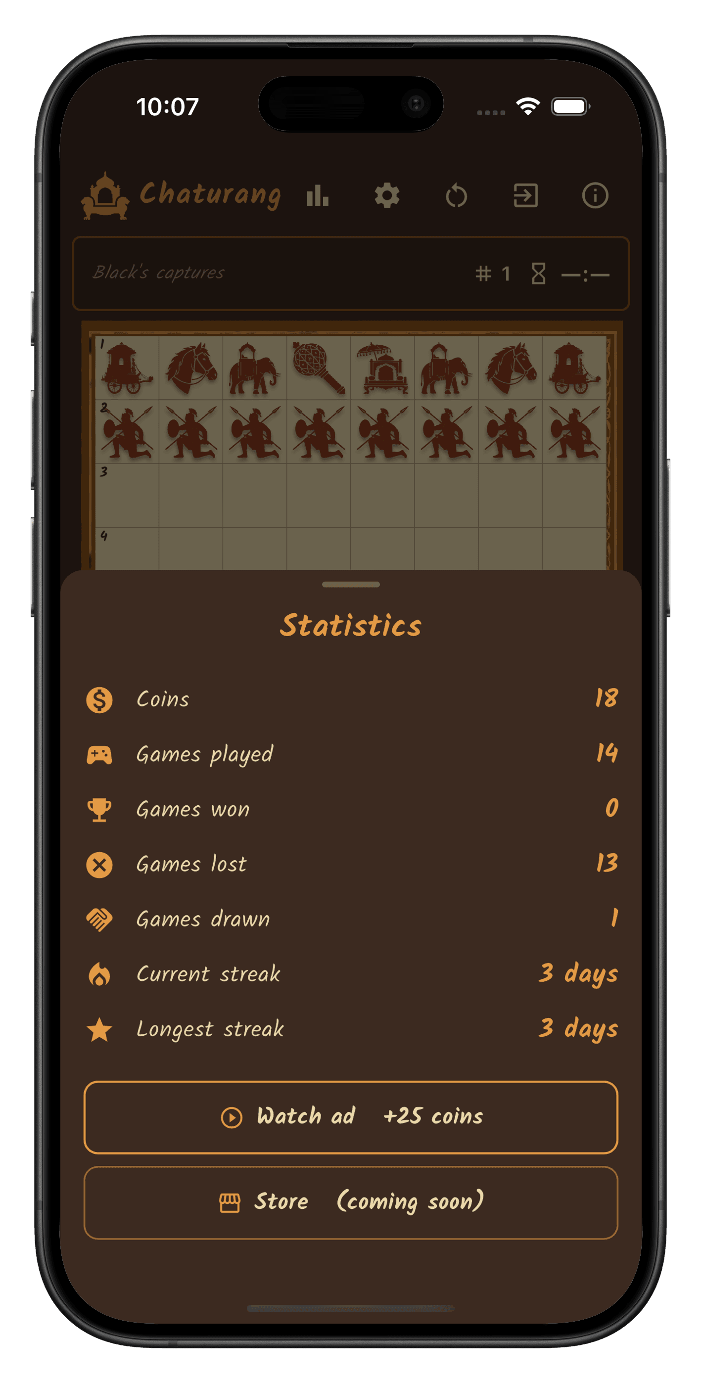 Chaturang statistics screen — coins, games, streaks
