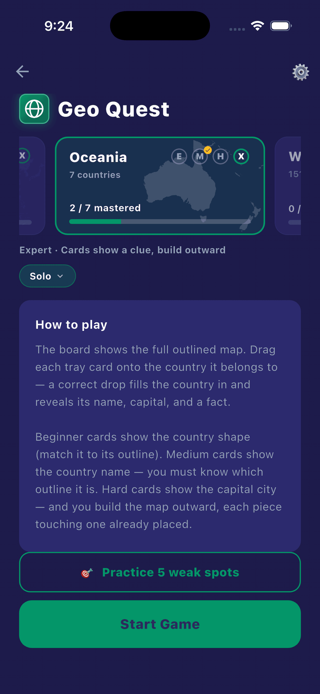 Geo Quest — Oceania region intro card with tray pieces