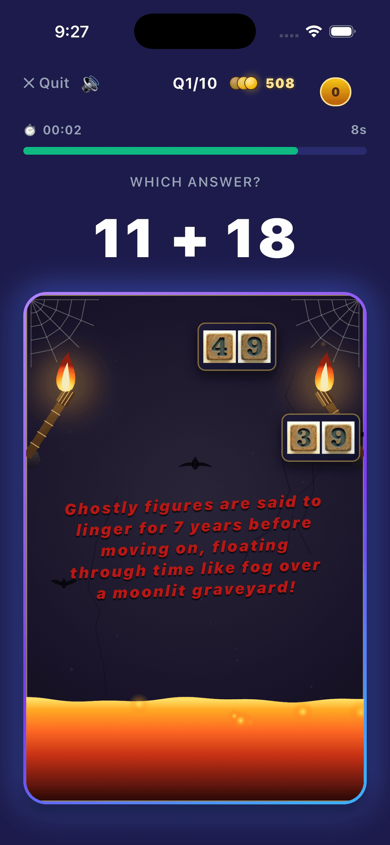 Math Quest gameplay — 11 + 18, Halloween scene