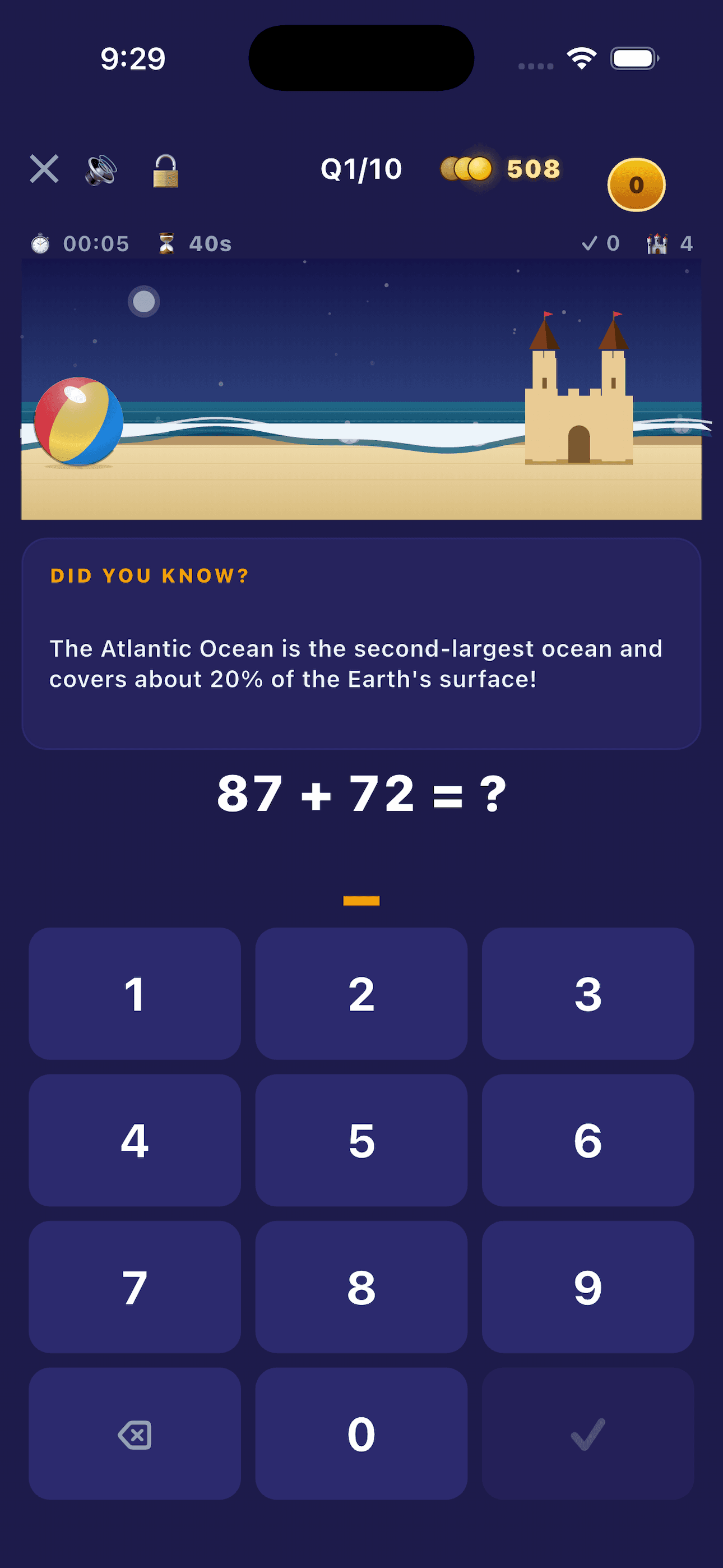Sand Quest gameplay — beach scene with a math question and trivia