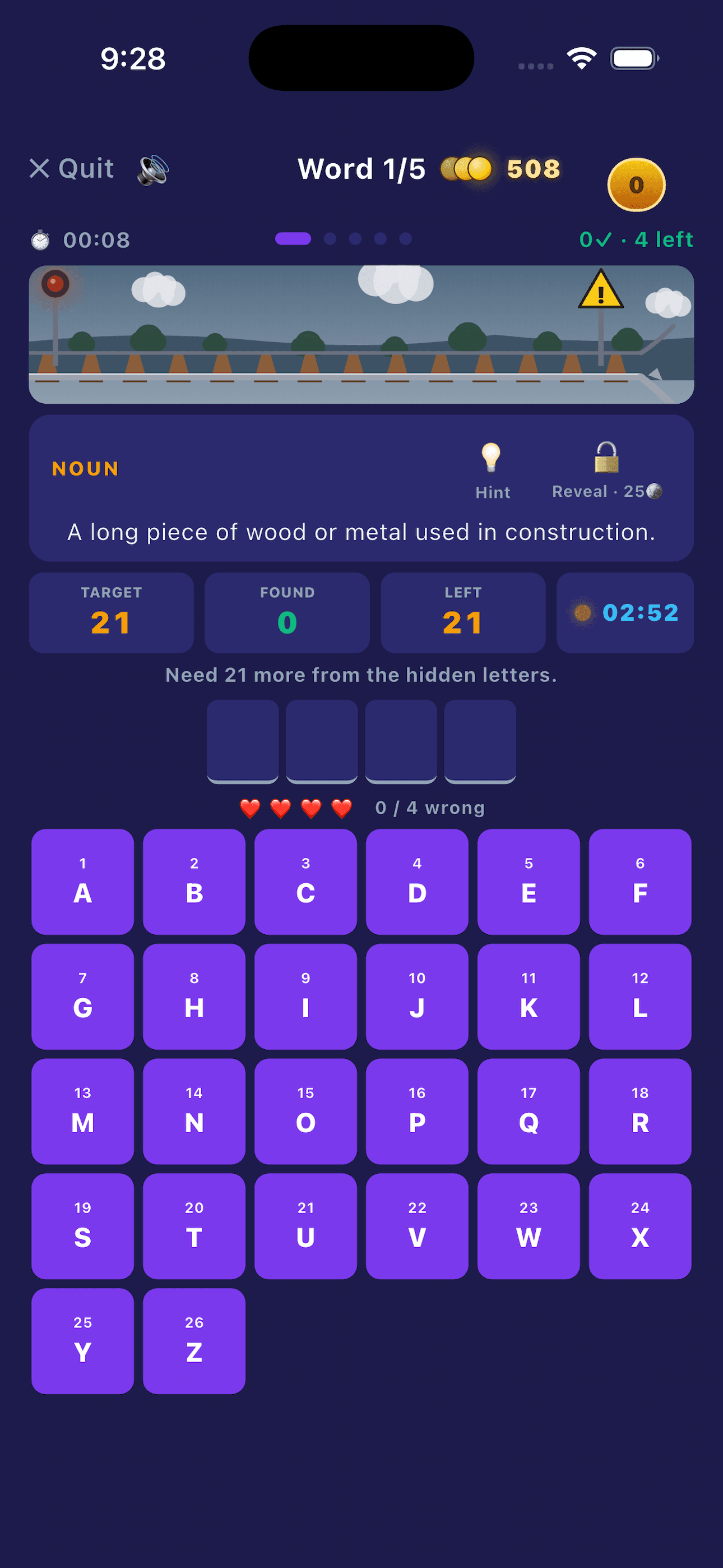 Word Quest gameplay — definition-driven word puzzle with A-Z keyboard